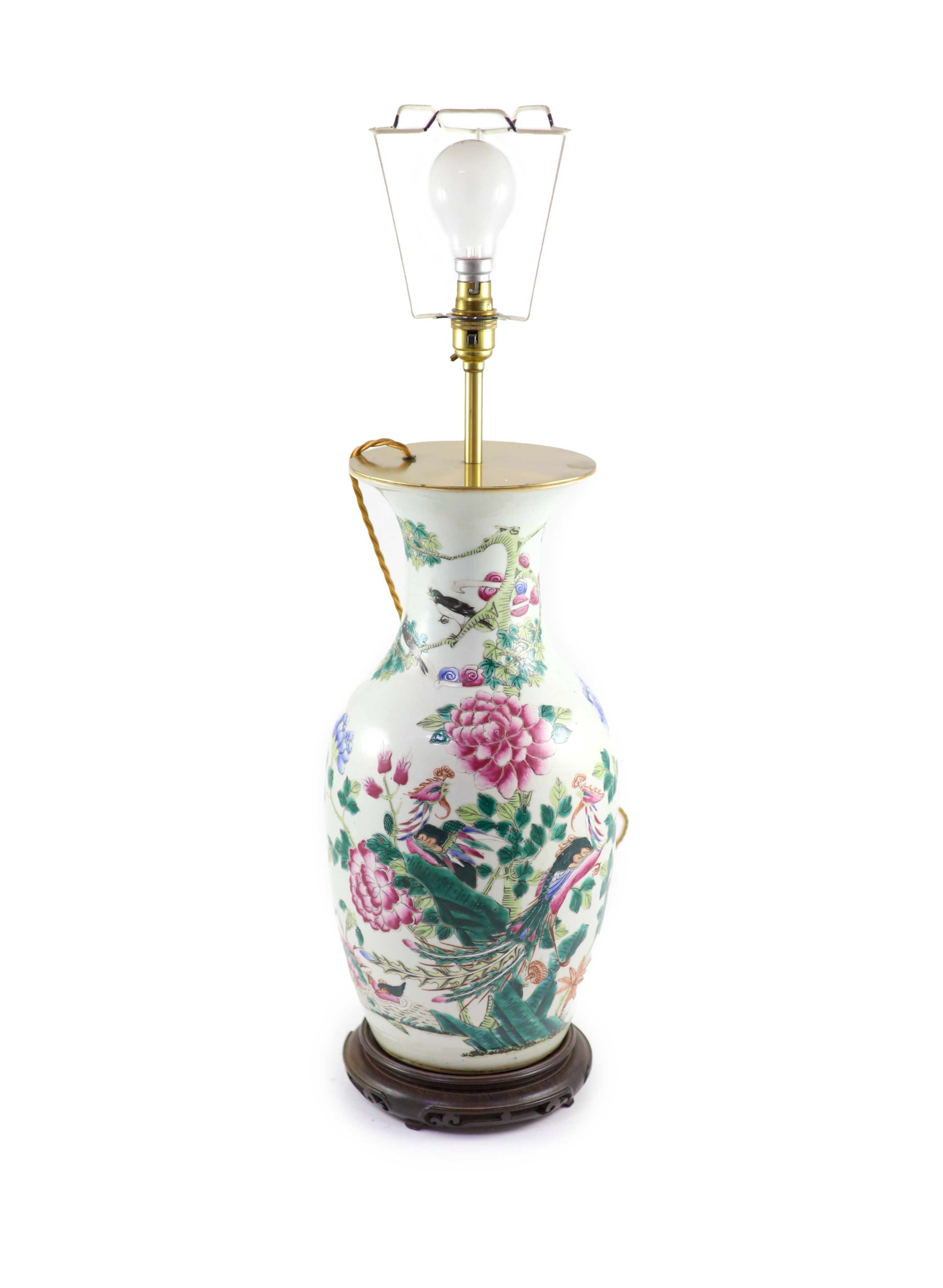 A large Chinese famille rose ‘phoenix’ vase, 19th century, 43.5cm excluding later glued lamp mount